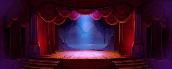 剧场舞台上有红色的窗帘 聚光灯和装饰的夜海 月亮和云彩 剧场内部有空旷的木制场景 豪华天鹅绒窗帘和楼梯 音乐厅卡通人物插图 — 图库矢量图片