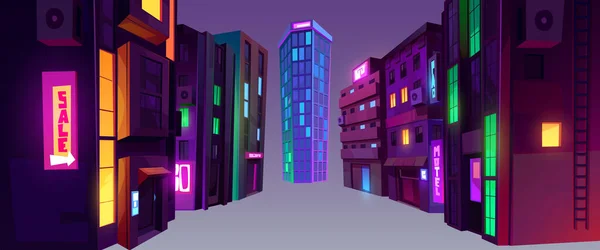 夜景下的城市建筑 城市景观元素 带有霓虹灯招牌和发光窗户的房屋和摩天大楼 背景隔离的矢量漫画集 — 图库矢量图片