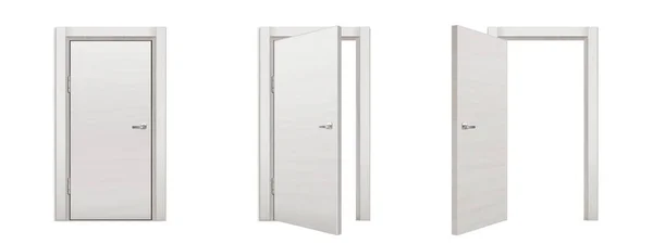玄関や家の中 アパートやオフィスのための白い木製のドア ハンドルとフレームを持つ3D木製のドアを開いて 閉じて 顎の位置 白い背景に隔離されたベクトル現実的なセット — ストックベクタ