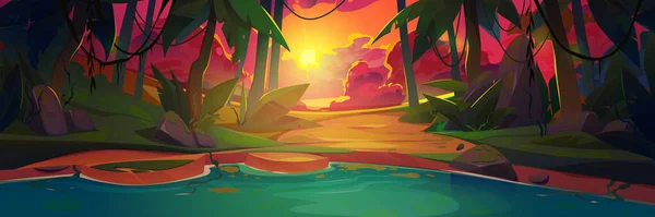 Sonnenuntergang Tropischen Dschungel Wald Sumpf Oder See Cartoon Natürliche Landschaft — Stockvektor