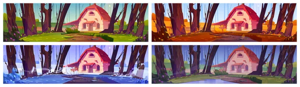 森林中的石子农舍在不同的季节被砍伐 森林深处冬季 春季和秋季景观与林家 病媒卡通画集 — 图库矢量图片