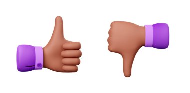 El hareketleriyle baş parmağı yukarı ve aşağı olan ikonlar gibi ve nefret dolu. Afro-Amerikan erkek eli iyi ve kötünün sembollerini gösteriyor, oy jestleri, beyaz arka planda izole edilmiş 3D resimleme