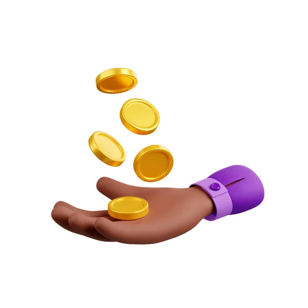 3D渲染黑色的手与金币落在开放的手掌上 与白色背景隔离 资金支付 金融或退款概念与商人臂 漫画塑料风格的说明 — 图库照片