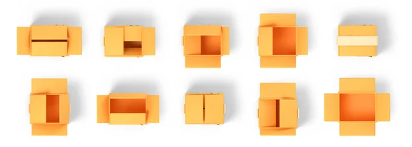 3Dレンダリング段ボールボックスは 白い背景にセットされたアイコンを隔離します 閉じたオープン小包 配達貨物パッケージトップビュー 現実的なイラスト — ストック写真