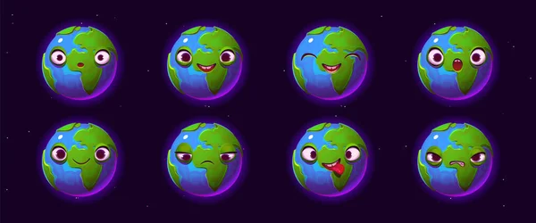 Personagem Bonito Terra Planeta Engraçado Com Emoções Diferentes Ícones Emoji — Vetor de Stock
