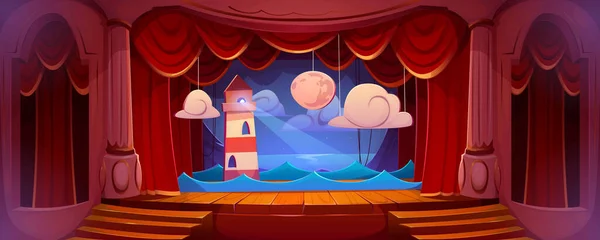 Theaterbühne Mit Roten Vorhängen Und Dekorationsbake Meereswellen Und Mond Mit — Stockvektor
