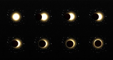 Güneş ya da ay tutulması animasyonu seti şeffaf arkaplanda izole edildi. Uzayda parlayan doğal fenomenin farklı evreleri. Gezegen gölgesinin arkasında saklanan parlak yıldız. Gerçekçi vektör illüstrasyonu