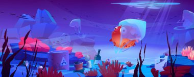 Okyanus kirliliği kavramı, plastik çöpler ve su altında üzgün kirpi balıkları. Çöp, çöp, çöp, şişe, teneke ve zehirli atıklarla dolu kirli deniz tabanı manzarası, vektör karikatür çizimi