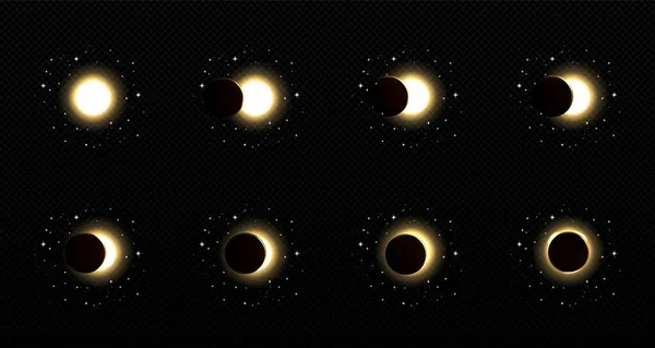 Solar or lunar eclipse animation set isolated on transparent background. Different phases of natural phenomenon glowing in space. Bright star hiding behind planet shadow. Realistic vector illustration