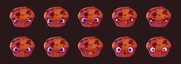 Emoji Set Met Schattig Cake Karakter Grappige Cupcake Met Chocolade — Stockvector