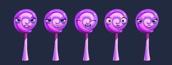 スパイラルロリポップキャラクター さまざまな表情で顔に固執してツイストハードシュガーキャンディー 面白い紫とピンクのロリポップ黒の背景に隔離され ベクトル漫画のイラスト — ストックベクタ