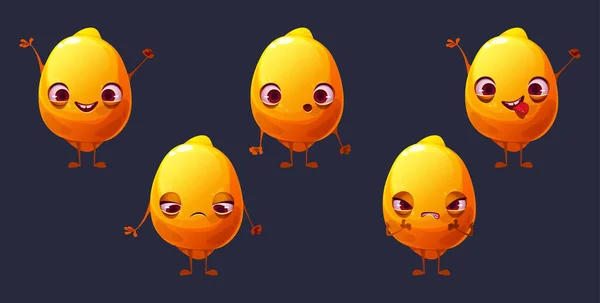 Lindo Personaje Dibujos Animados Limón Cara Emoji Conjunto Cítricos Divertidos — Vector de stock