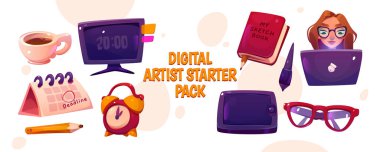 Dijital sanatçı başlangıç paketi. Yaratıcı tasarımcı işyeri, grafik tablet, eskiz defteri, gözlük, kalem, takvim, bilgisayar monitörü ve dizüstü bilgisayarı olan kız, vektör karikatür çizimi