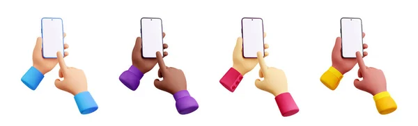 手はスマートフォンを保持し 空白の画面上でポイント 多様な人の指が携帯電話をクリックし 空のデバイス画面に触れ 白い背景に隔離された3Dレンダリングイラスト — ストック写真
