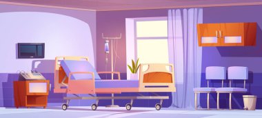 Modern özel klinikteki tek kişilik hasta koğuşu. Rahat hastane yatağı, sandalyeler ve tıbbi ekipmanlarla yataklı yatak odasının çizgi film çizimi. Sağlık ve rehabilitasyon hizmetleri