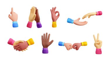 3D çok ırklı el hareketi iş tokalaşması, tamam, barış ya da zafer, işaret etmek, avuç içi açmak, yumrukları vurmak ve karikatür plastik stilinde izole edilmiş beş sembol vermek, set