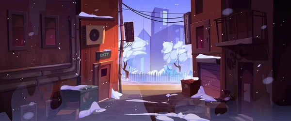 冬季城市街道景观与老房子 道路和公园后面的围栏在降雪 垃圾箱和雪的肮脏小巷 矢量卡通画 — 图库矢量图片