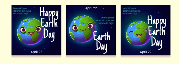 Gelukkige Aarde Dag Posters Leuke Cartoon Planeet Karakter Met Een — Stockvector