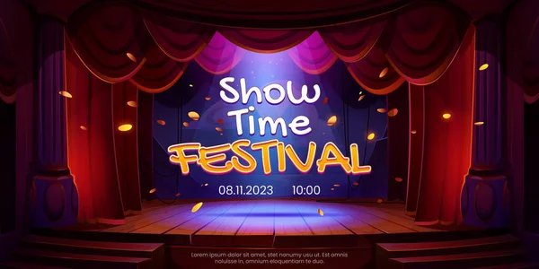 Affiche Festival Show Time Avec Scène Théâtre Confettis Dorés Tombants — Image vectorielle
