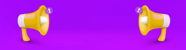 Set Aus Gelben Megaphonen Mit Ausrufezeichen Auf Violettem Hintergrund Vektorillustration — Stockvektor