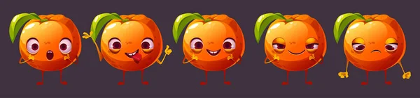 Cute Pomarańczowy Postać Kreskówki Emotikony Twarzy Zestaw Śmieszne Owoce Cytrusowe — Wektor stockowy