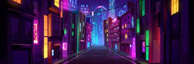 Neon ışıkları olan boş bir şehir sokağı. Modern megalopolis mimarisinin, dükkanlarının, apartmanlarının vektör çizimi. Gökdelenlerin pencereleri yeşil, sarı, mavi, kırmızı renklerde parlıyor