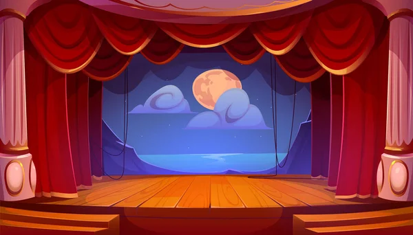 Leere Theaterbühne Mit Roten Vorhängen Holzboden Säulen Vektor Cartoon Illustration — Stockvektor