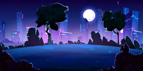 夜の街並みや月明かりの都市公園 星空に輝く満月の真夜中の公共の庭の漫画のベクトルイラスト 木々や茂みのシルエット 超高層ビル — ストックベクタ