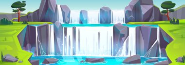 Yaz mevsiminde şelale çağlayanı. Çizgi filmlerde kayalardan akan akıntıların panoramik görüntüsü, yeşil vadi ve ağaçlarla birlikte göle düşer. Vahşi alan, güzel park alanı, Vektör illüstrasyonu