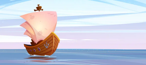 Old Wooden Ship Sailing Sea Vector Cartoon Illustration Voyage Boat — Stock Vector