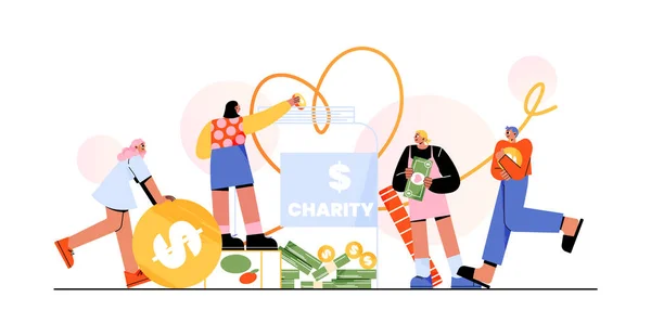 人们捐钱给慈善机构 把硬币和钞票装进玻璃瓶里 妇女和男子志愿者提供现金 用于财政援助 社会援助 病媒平面说明 — 图库矢量图片