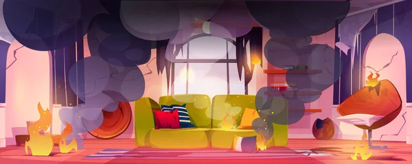 火災で家の部屋 家のインテリアの中の炎と黒い煙の雲 燃える家具 カーテン 厚いスモッグ 危険な事故 漫画のベクトル図とリビングルームを燃焼 — ストックベクタ