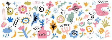 Çağdaş çiçek ve şekil koleksiyonunu kes. Çiçek ve soyut elementler, yapraklar, bahar sanat baskısı botanik simgelerle bembeyaz arka planda basit halk tarzı, Vektör illüstrasyonu