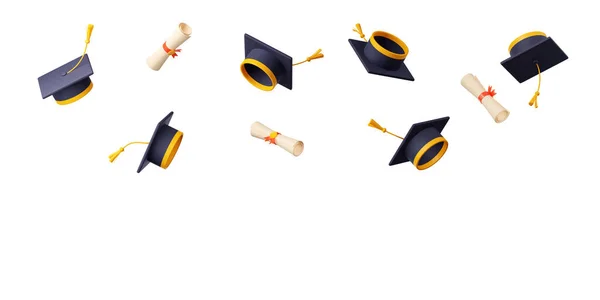 Illustration Academic Caps Golden Tassels Diploma Scrolls Flying Air Isolated — Stock Photo, Image