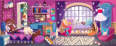 Girl bedroom interior, cute room in princess style and pink colors. Bed, curtained window, cupboard, shelf, Dress on hanger and toys, comfortable girlish living space, Cartoon vector illustration clipart