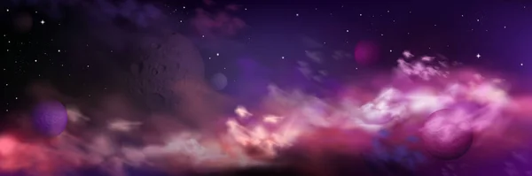 Realistischer Weltraum Hintergrund Mit Planeten Sternen Und Nebelwolken Buntem Purpur — Stockvektor