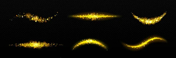 Altın Parıltısı Parlama Parlak Işık Efekti Siyah Arkaplanda Altın Dalgalar — Stok Vektör