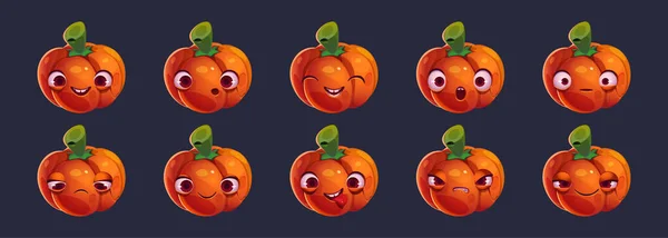 Cartoon pumpkin character with different emotions on face. Set of funny vegetables with big eyes and mouth happy, sad, angry, scared, surprised, showing tongue. Halloween emoji vector illustration