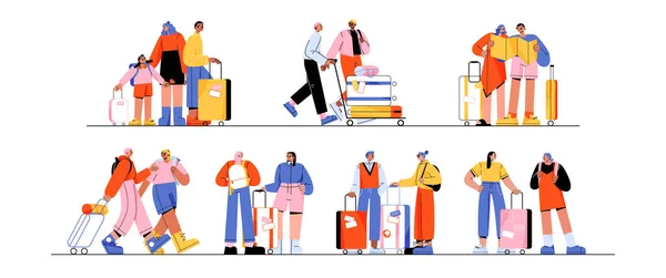 Aile Çiftler Arkadaşlar Seyahat Eder Bavulları Sırt Çantaları Olan Çeşitli — Stok Vektör