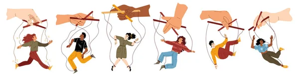 ロープに人々のセットを切った 操り人形の手が操り人形を支配する 男性と女性と遊ぶマニピュレータ マスター 支配または権限によって制御される文字線形フラットベクトル図 — ストックベクタ