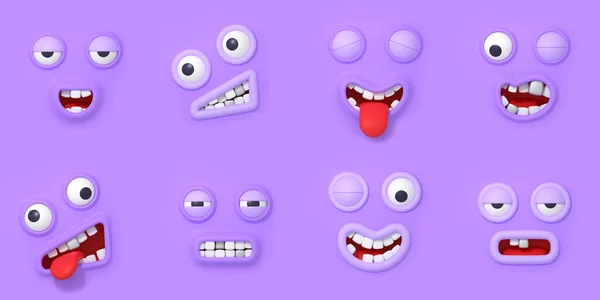 Render Face Emoji Eyes Mouths Set Funny Cute Cartoon Personage — Stock Photo, Image