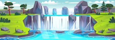 Waterfall cascade at summer nature landscape. Cartoon panoramic view of stream flow from rocks, fall to lake with green valley and trees around. Wild area, beautiful parkland, Vector illustration clipart