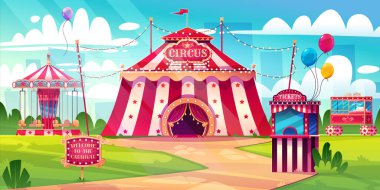 Amusement carnival park with circus tent, merry-go-round carousel and candy cotton booth, balloons and tickets kiosk. Festive fair and recreation entertainment attractions Cartoon vector illustration clipart