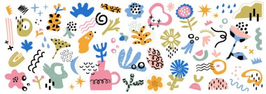 Çağdaş çiçek ve şekil koleksiyonunu kes. Çiçek ve soyut elementler, yapraklar, bahar sanat baskısı botanik simgelerle bembeyaz arka planda basit halk tarzı, Vektör illüstrasyonu