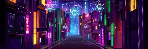 Pohled Ulici Noční Město Neonovým Osvětlením Vánoční Výzdobou Moderní Megalopolská — Stockový vektor
