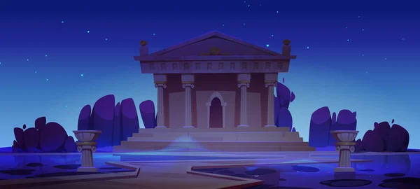 古代寺院の建物の夜の風景 暗い星空の下で水の池で列と舗装されたパスを持つアンティーク建築 中世ローマやギリシャの歴史的建造物 漫画のベクトルイラスト — ストックベクタ