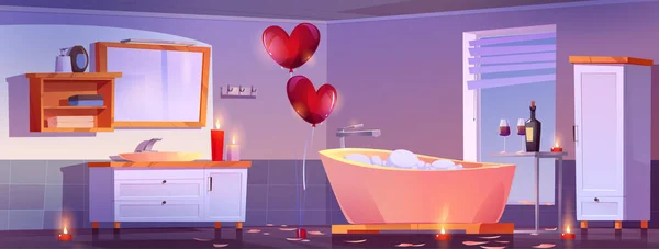 情侣约会的浪漫浴室氛围 带有泡沫 心气球 葡萄酒和眼镜的浴缸 位于现代住宅或酒店内部 卡通式公寓背景 病媒图解 — 图库矢量图片