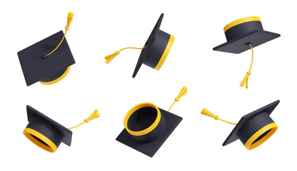 Render Set Academic Hat Different Positions Isolated White Background Black — Stock Photo, Image