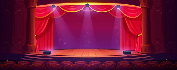 有红色窗帘和聚光灯的空剧场舞台 用灯光 豪华天鹅绒窗帘 观众席照明的木制场景的音乐厅内部卡通矢量插图 — 图库矢量图片