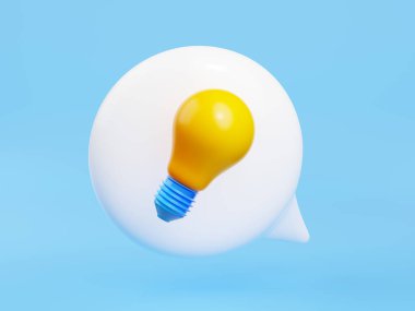 3D ampulü mavi arkaplanda konuşma baloncuğuna dönüştür. Yaratıcı fikir, hızlı ipuçları, ilham, beyin fırtınası, gelişim, iş çözümü konsepti, simge, karikatür plastik tarzı illüstrasyon